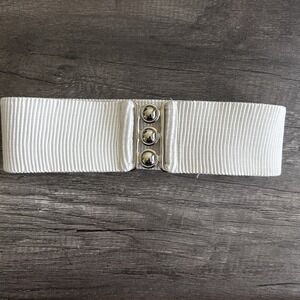VTG 80s Malco Modes Belt XL White Wide Elastic Cinch Metal Buckle Retro Dance
